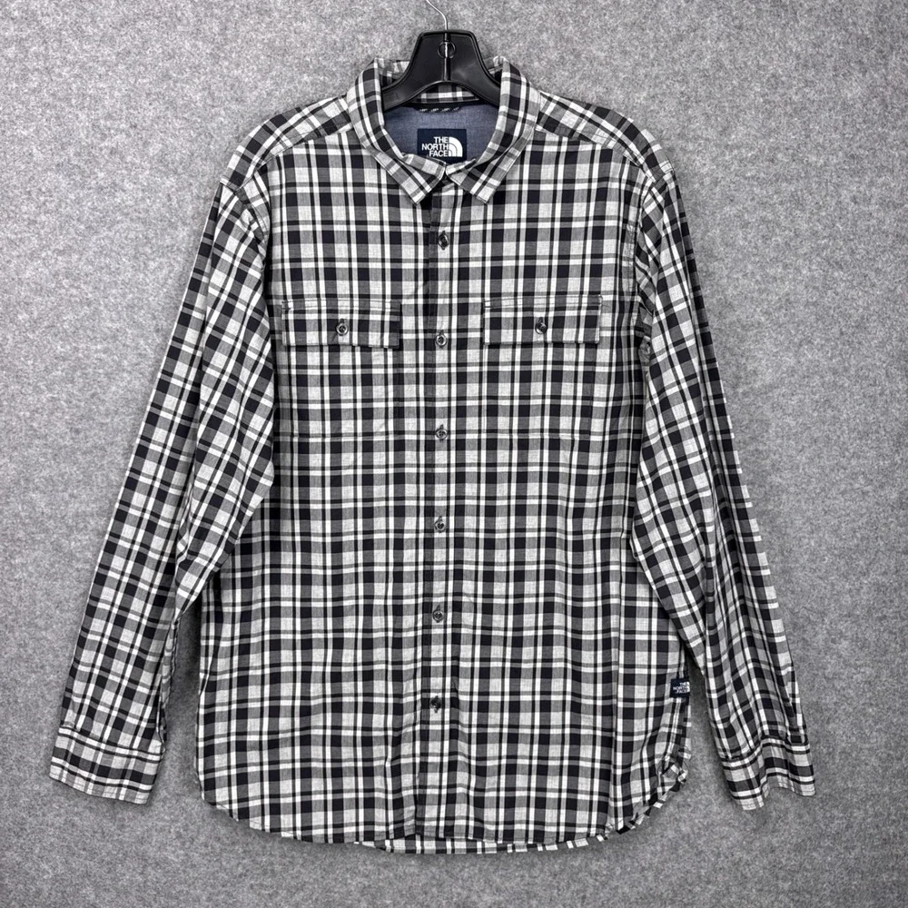 The North Face Button Down Shirt L Black White Plaid Cotton Long Sleeve A3MMU
